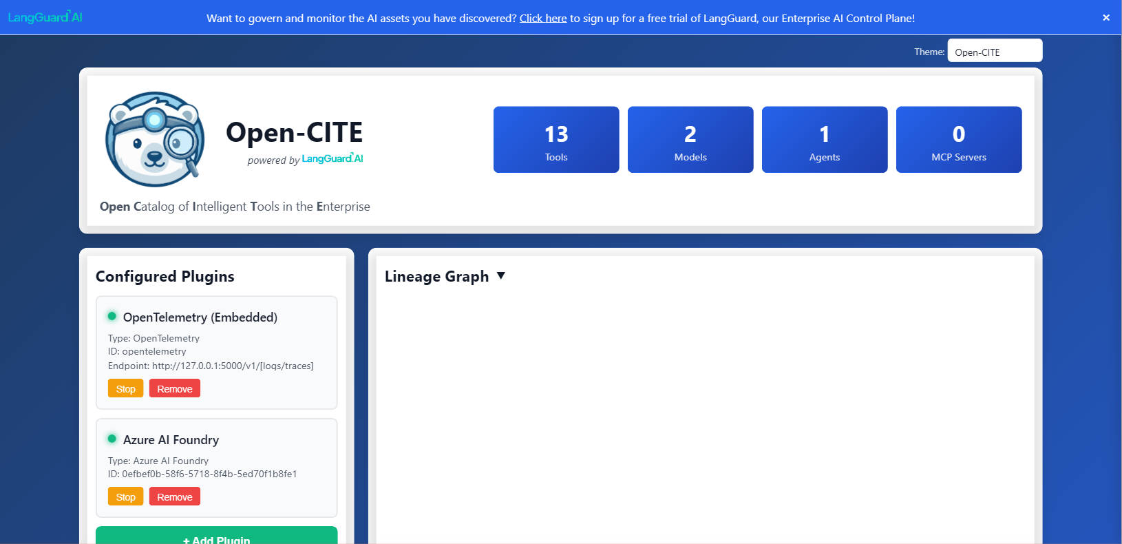 Open-CITE Dashboard showing asset statistics, configured plugins, and lineage graph